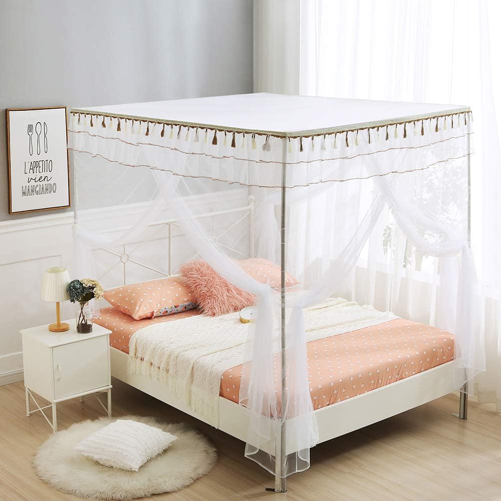 JQWUPUP Cortinas de cama con dosel, mosquitera de 4 esquinas con volantes princesas, dosel de cama para niñas y niños, cuna, decoración de