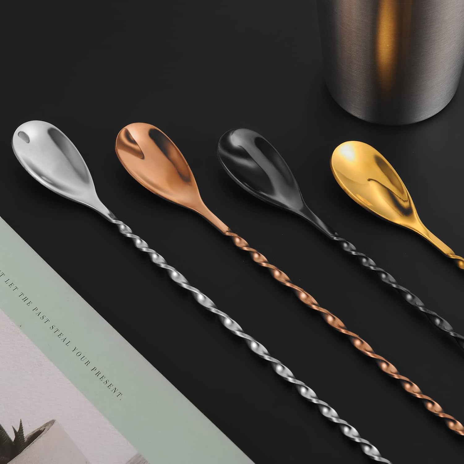 AnSaw Cuchara mezcladora de acero inoxidable de 12 pulgadas, 6 cucharas de barra con patrón en espiral dorado