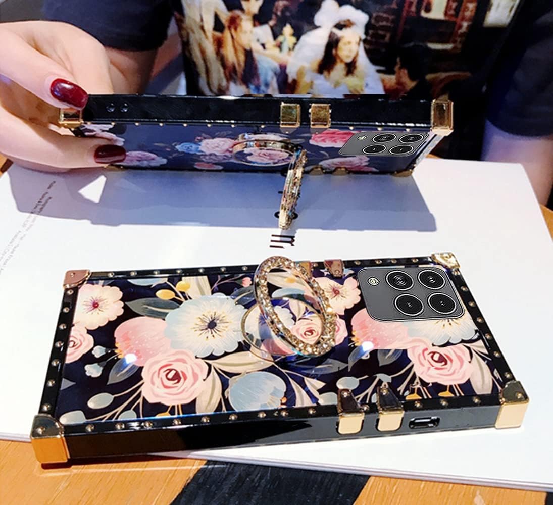 Para T-Mobile REVVL 6 pro 5G Caso Más Nuevo Retro Azul Ray Rose Flower Glitter Skin Design TPU+PU Cuero Oro Cuadrado Esquina Volver Caso Con Soporte