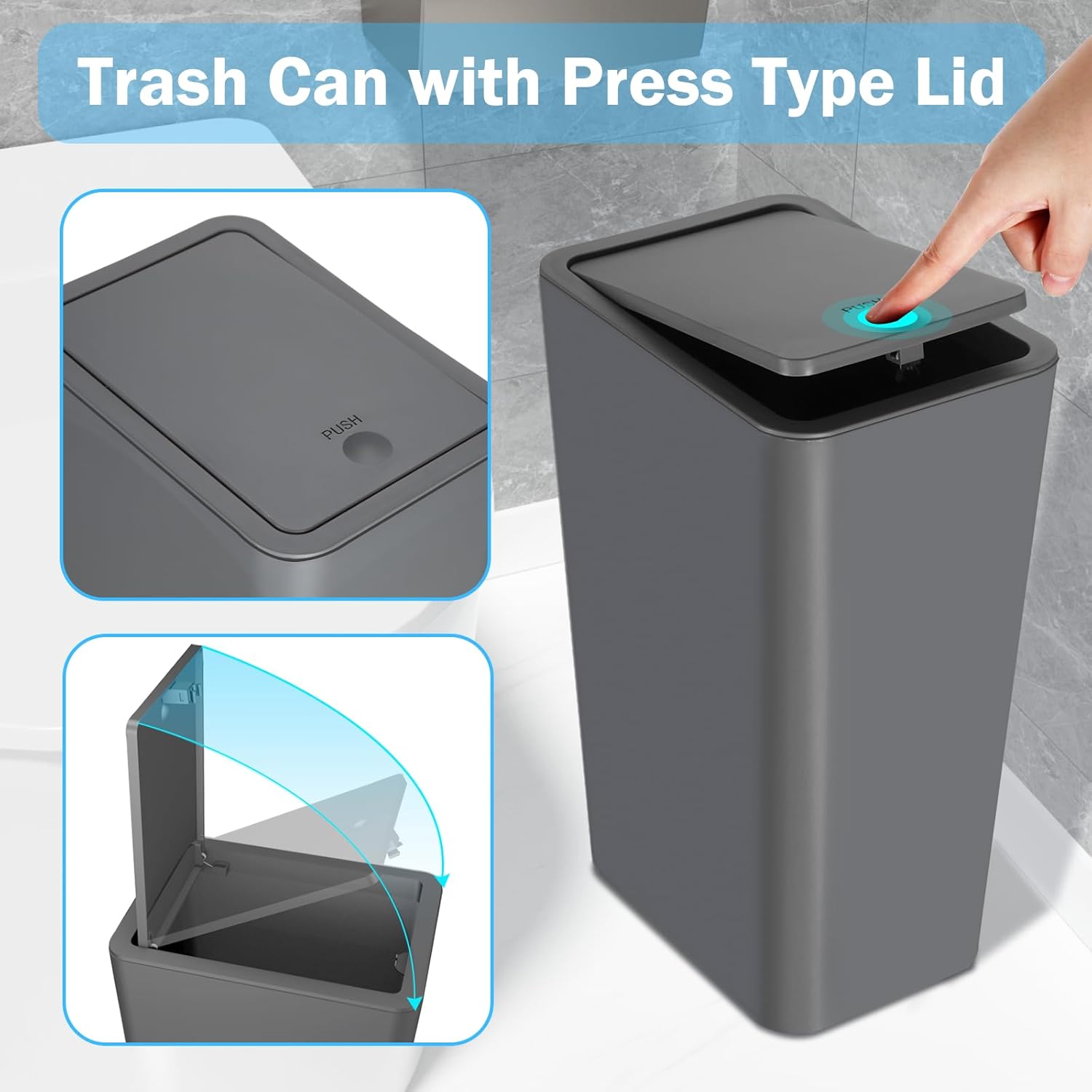 Paquete de 3 cubos de basura pequeños para baño con tapa, papelera delgada de 10 litros2.6 galones con tapa desplegable para dormitorio, oficina,