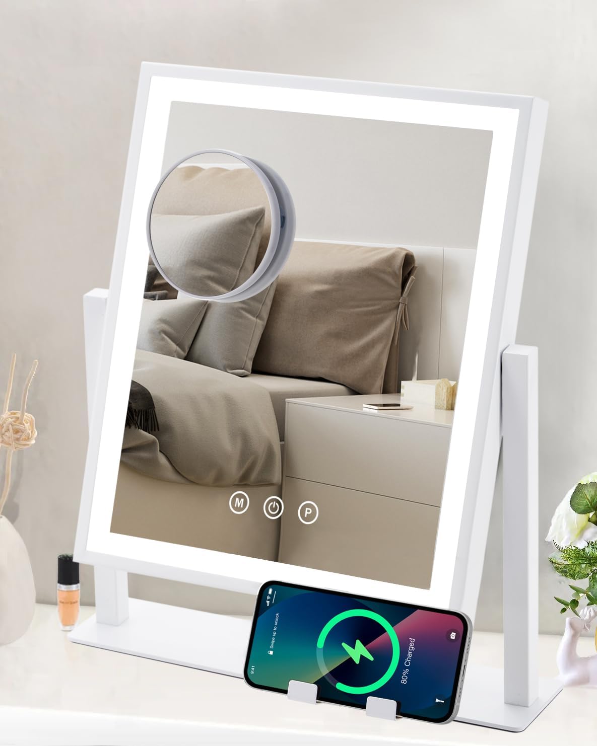DECLUTTR Espejo de tocador con luces, espejo de maquillaje Hollywood con soporte para teléfono, control táctil inteligente, 3 modos de iluminación