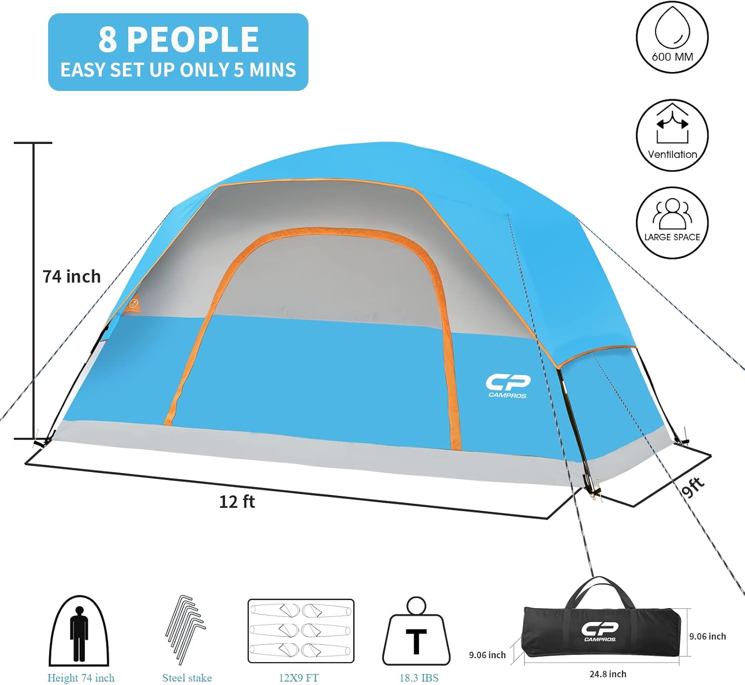 CAMPROS CP Tienda de campaña para 3468 personas, impermeable, resistente al viento, tienda de campaña familiar con lluvia, ventanas de malla