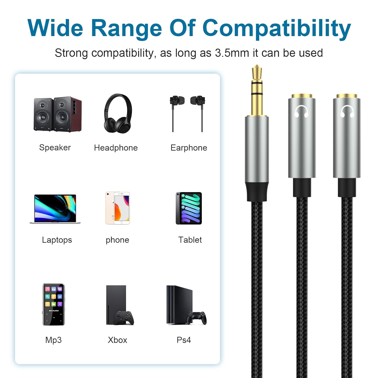 Cable divisor de conector de auriculares de 0.138 in, macho de 0.138 in a 2 hembras, cable de extensión para auriculares, cable divisor en Y de