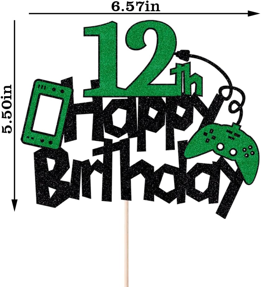 Dcokska Decoración para pastel de cumpleaños número 12, controlador de juego con purpurina, decoración de pastel de feliz cumpleaños, suministros de