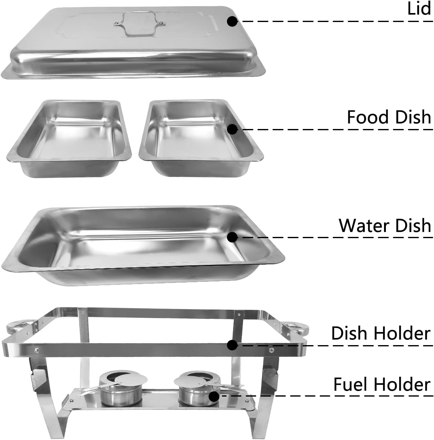 Juego de 4 platos para bufé, rectangulares de acero inoxidable, kit calentador de alimentos con tapas, bandejas para alimentos, marías y soportes