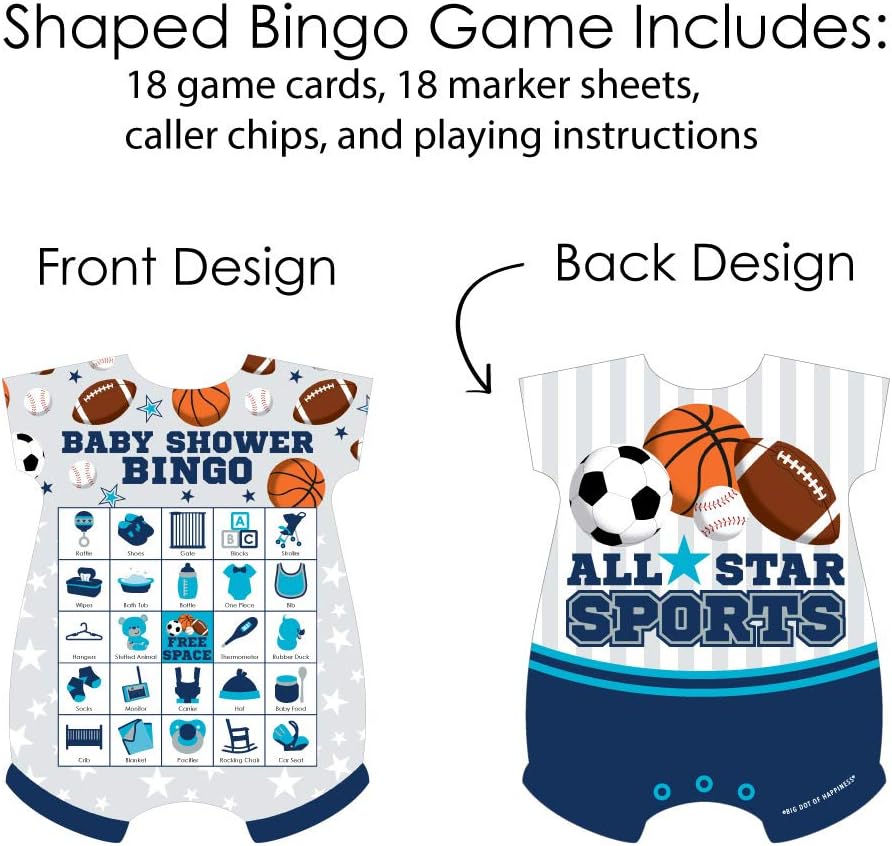 Big Dot of Happiness Go, Fight, Win – Deportes – Tarjetas de bingo y marcadores – Juego de bingo en forma de baby shower – Juego de 18