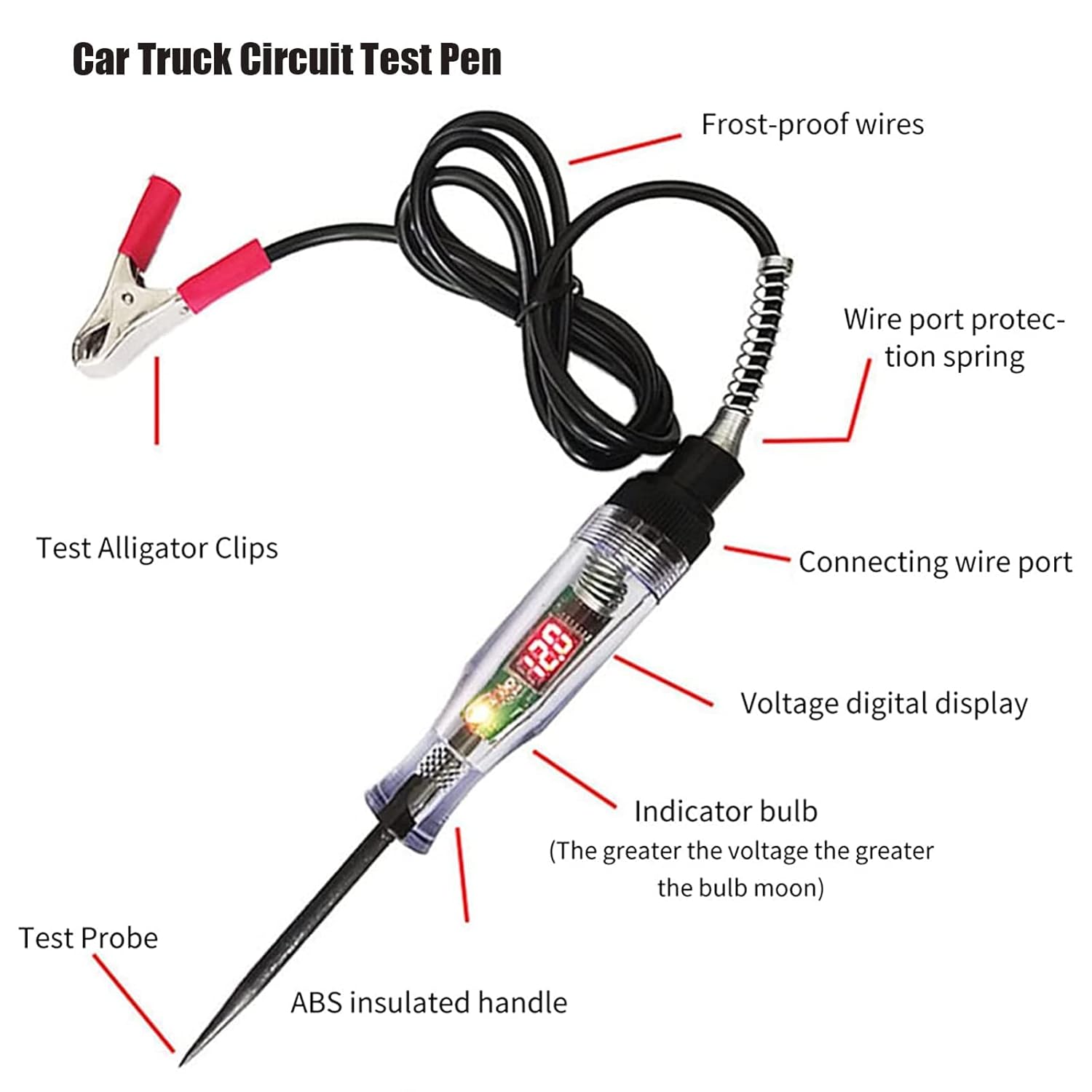 Pluma de prueba de circuito de camión de automóvil, probador de luz resistente de 3-70 V con cable de resorte voltímetro, luz de prueba digital