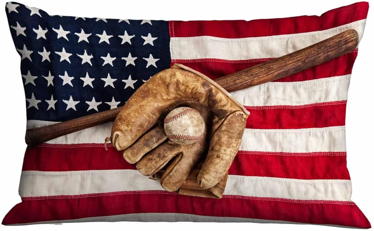 Funda de almohada de béisbol antiguo con bandera estadounidense de Estados Unidos, funda de almohada decorativa para sofá, cama, vida para niñas y