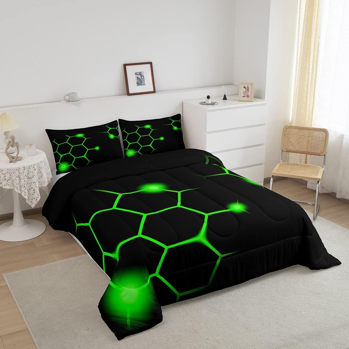 Juego de edredón hexagonal geométrico de panal para niños y adultos, color verde neón, negro, juego de edredón moderno hexagonal de colmena ultra