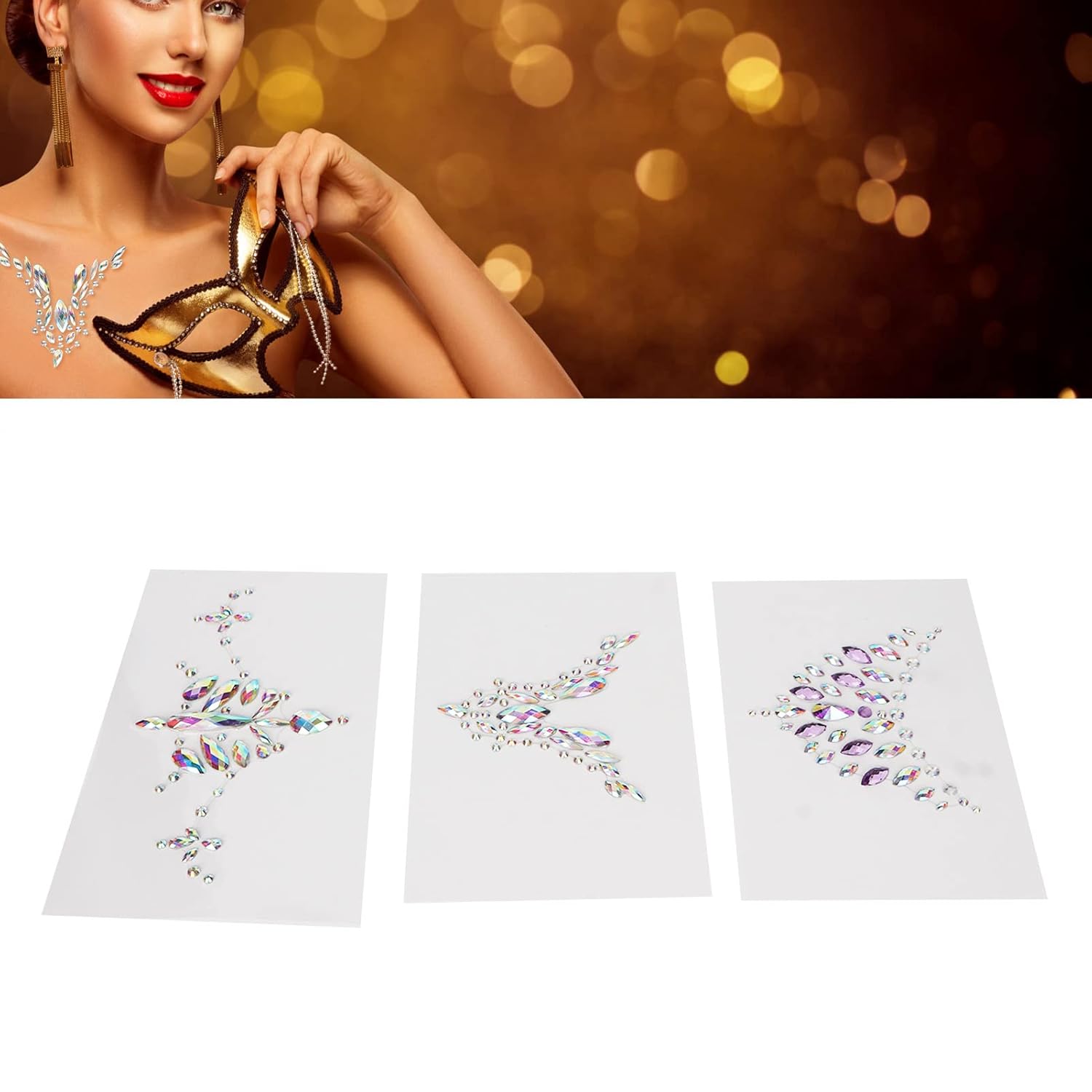 Tatuaje de joyas de cara de pecho de diamantes de imitación, joyas de gemas para la cara y conjunto de calcomanías para el cuerpo del pecho,