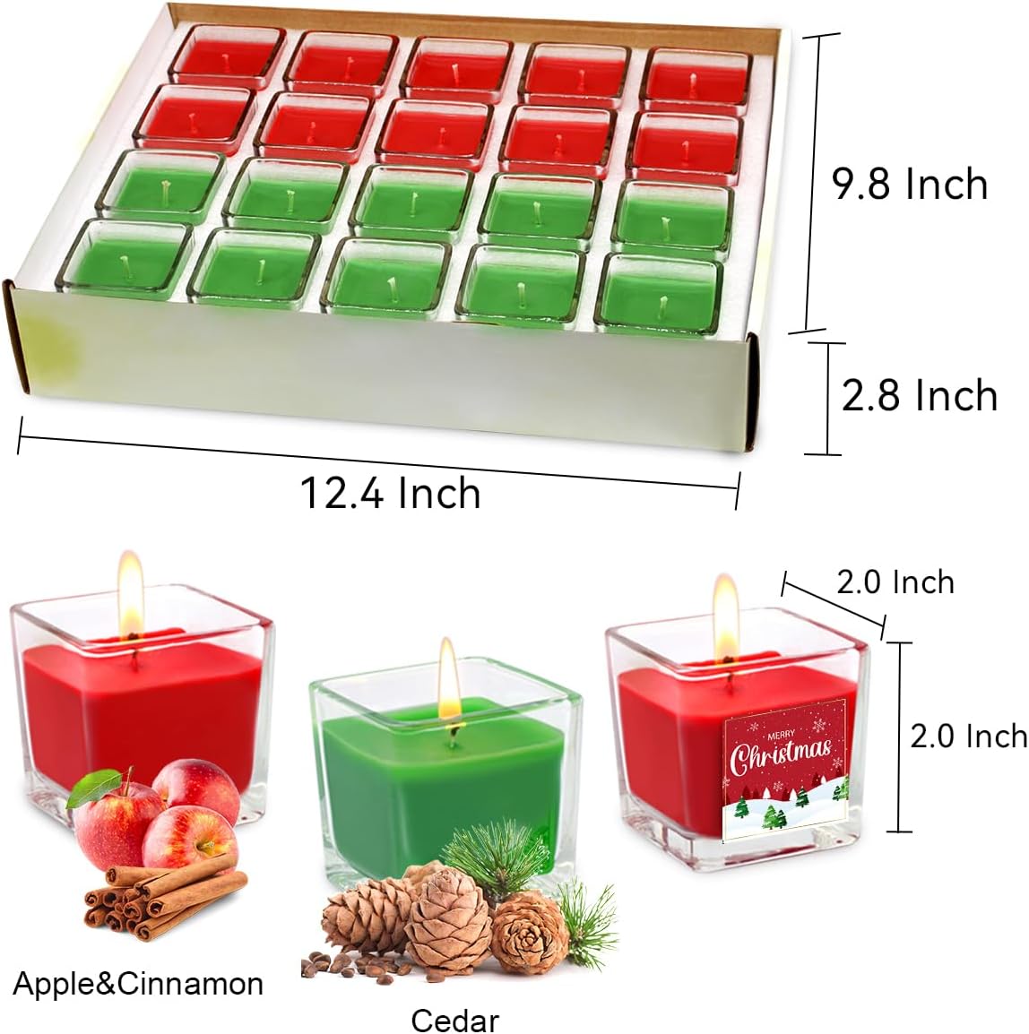 10 velas votivas rojas y 10 verdes en tarro de vidrio cuadrado transparente, velas perfumadas de cedro, manzana y canela, 10 horas de tiempo de