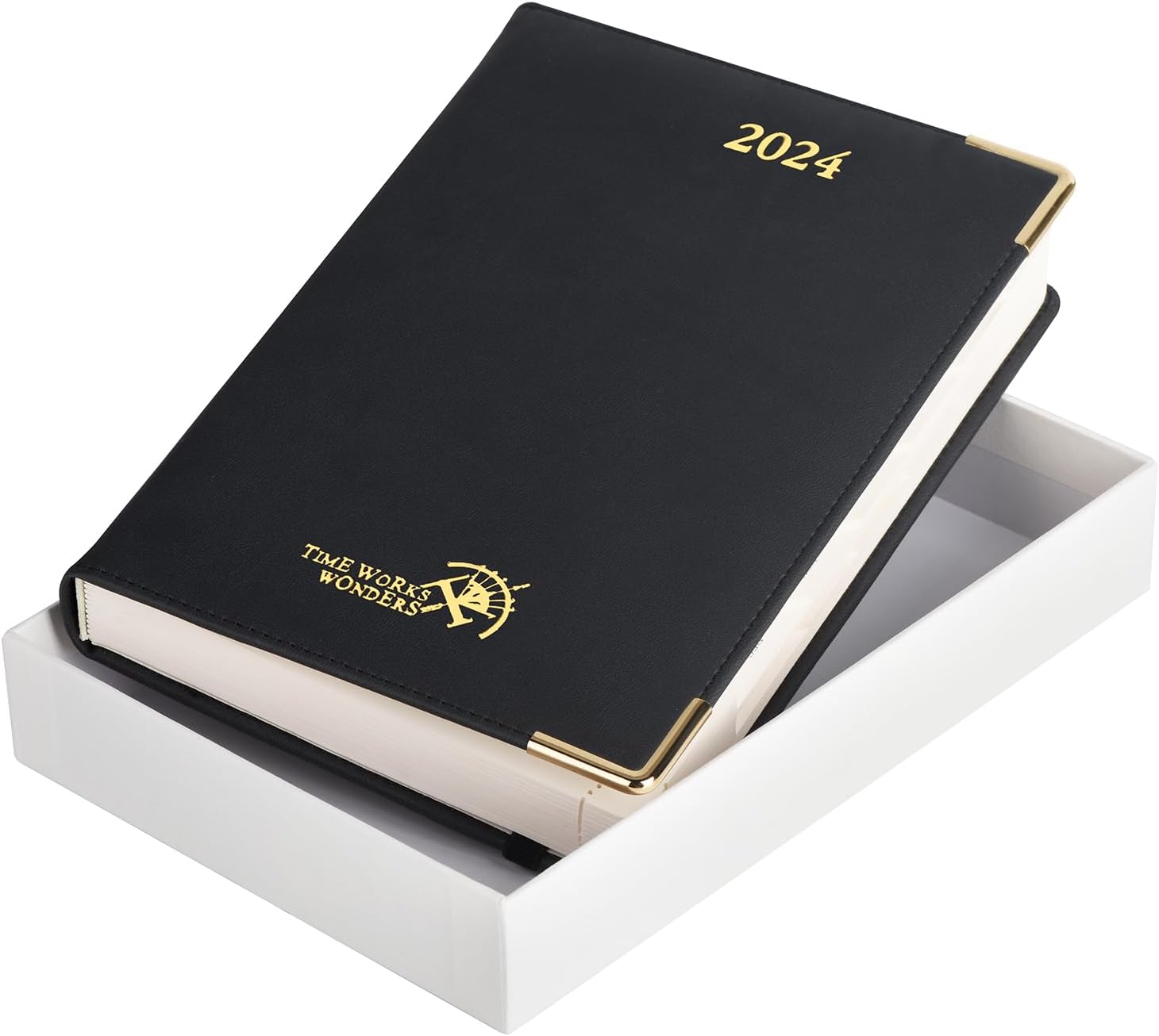 POPRUN Agenda diaria 2024 una página por día con tapa dura de cuero vegano, agenda 2024 libro de citas por hora con pestañas mensuales, bolsillo