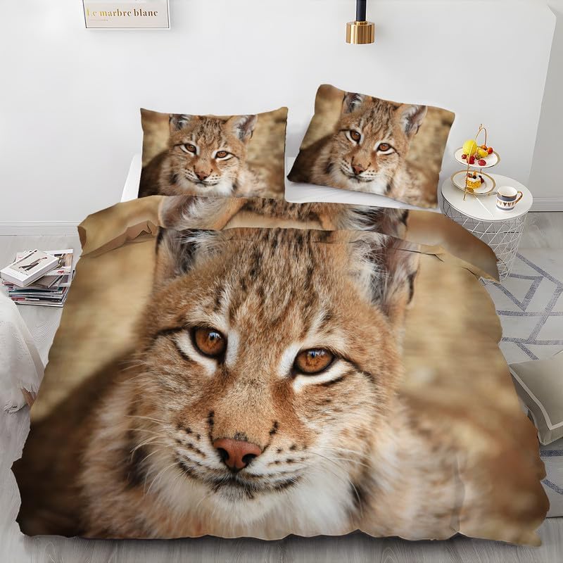 Khaki Lynx Duvet Cover Queen Animal Print Bedding Sets Queen Soft Microfiber Comforter Cover and 2 Pillow Shams 20″X26″, Bed Set Duvet Covers with