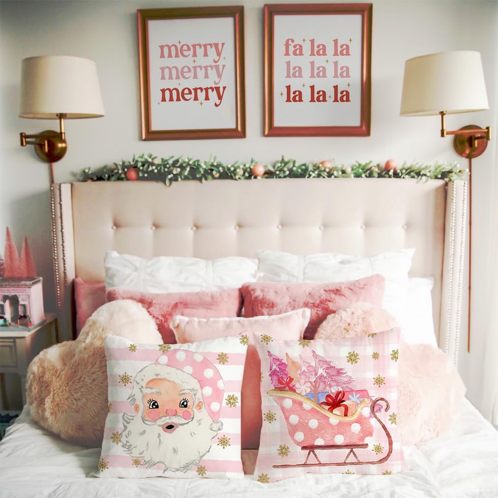 Juego de 4 fundas de almohada de Navidad rosas de 20 x 20 pulgadas, fundas de almohada decorativas, fundas de almohada de granja, árbol de Navidad,