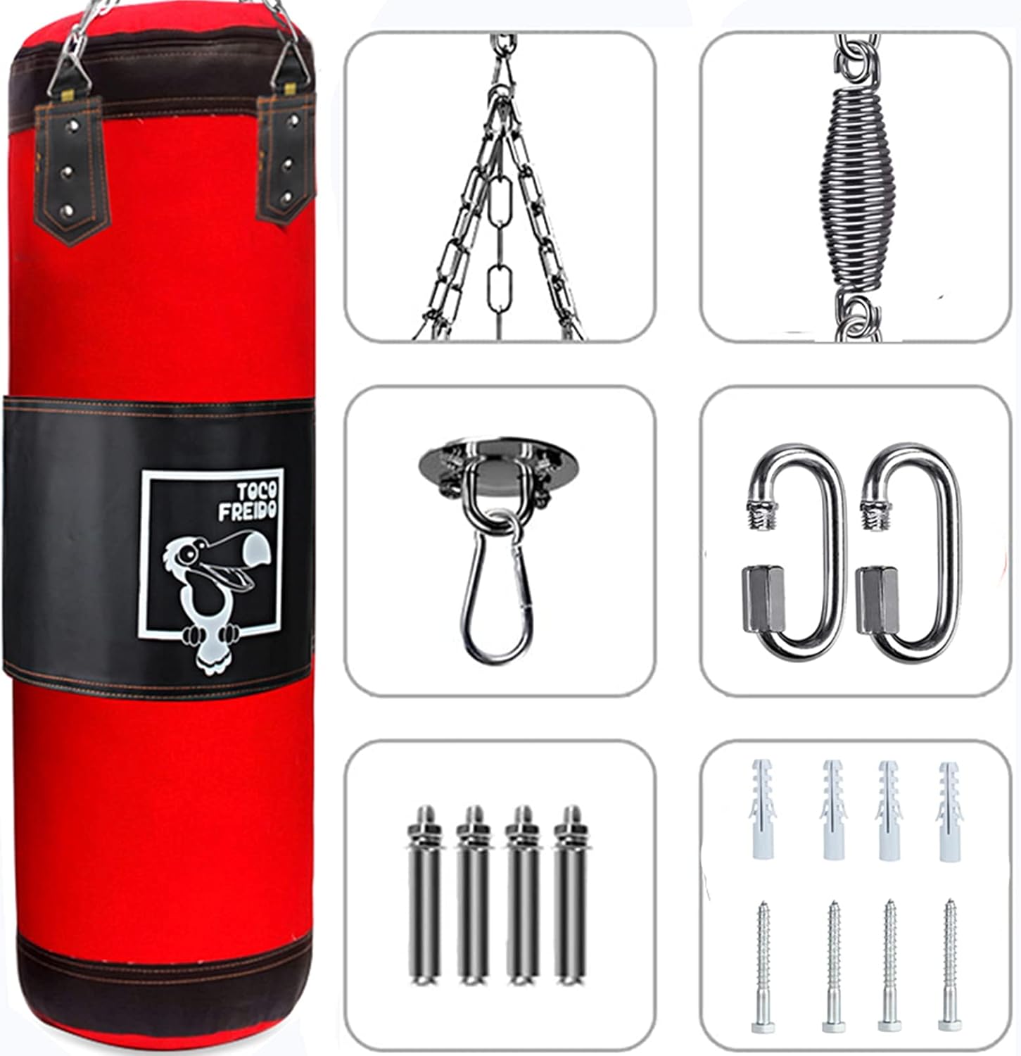TOCO FREIDO Juego de saco de boxeo pesado sin relleno para adultos y niños, juego de kickboxing con gancho de techo, cadena de acero, bolsa pesada