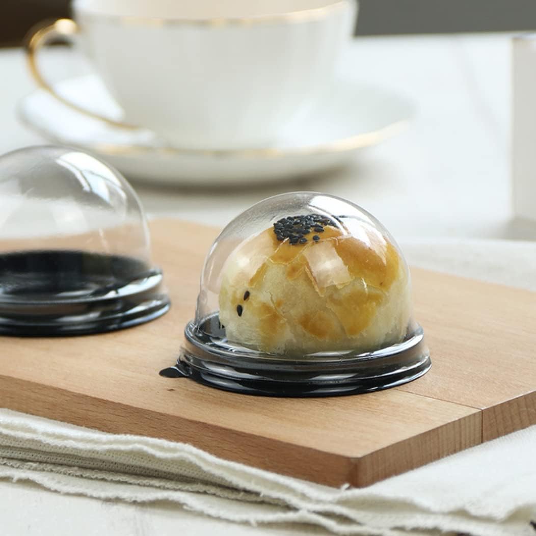 Caja de embalaje Mini contenedor para tartas Mooncake Dome Box Muffin Pod Holder Plástico transparente individual con base negra, 50 unidades