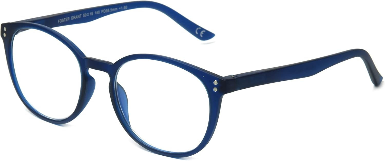 Foster Grant Joey – Gafas de lectura unisex con luz azul antiniebla, color azul marino de goma mate, 1.969 in de EE. UU, Azul marino de goma mate