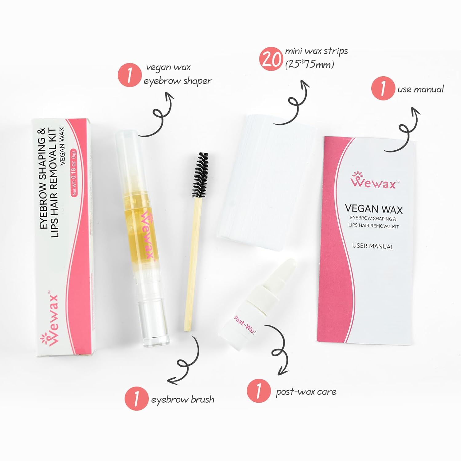 Kit de depilación de cejas para depilación con 20 mini tiras de depilación y 0.18 oz de cera vegetal natural que da forma a tus cejas, kit