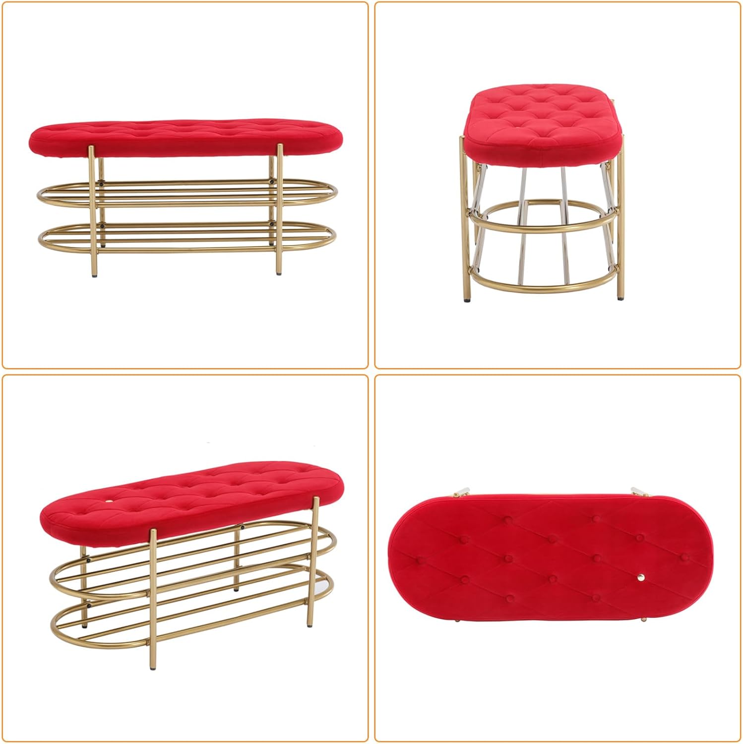 Banco de terciopelo con almacenamiento, banco de extremo de cama con estante doble, banco tapizado para zapatos con patas doradas, para dormitorio,