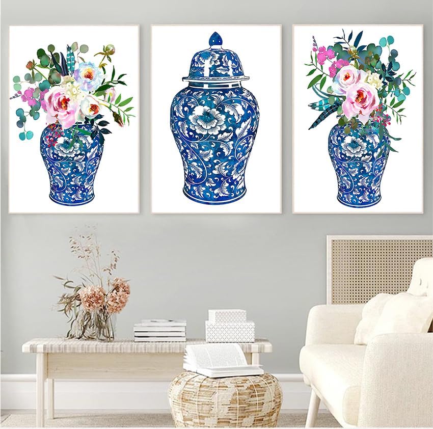 3 piezas de arte de pared de jengibre ramos de acuarela chinoiserie decoración lienzo impreso floral botánico póster florero rosas pintura porcelana