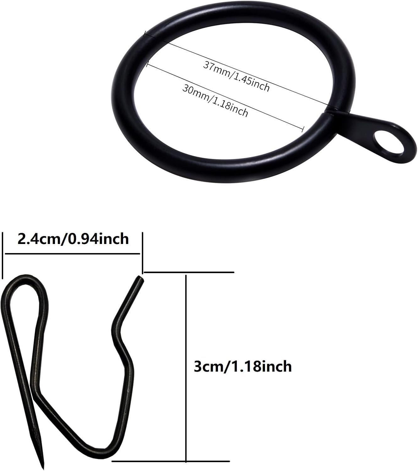 32 anillos de metal para cortinas y 32 ganchos de metal para cortina de ventana, puerta de ducha, 1.181 in de diámetro interior (negro)