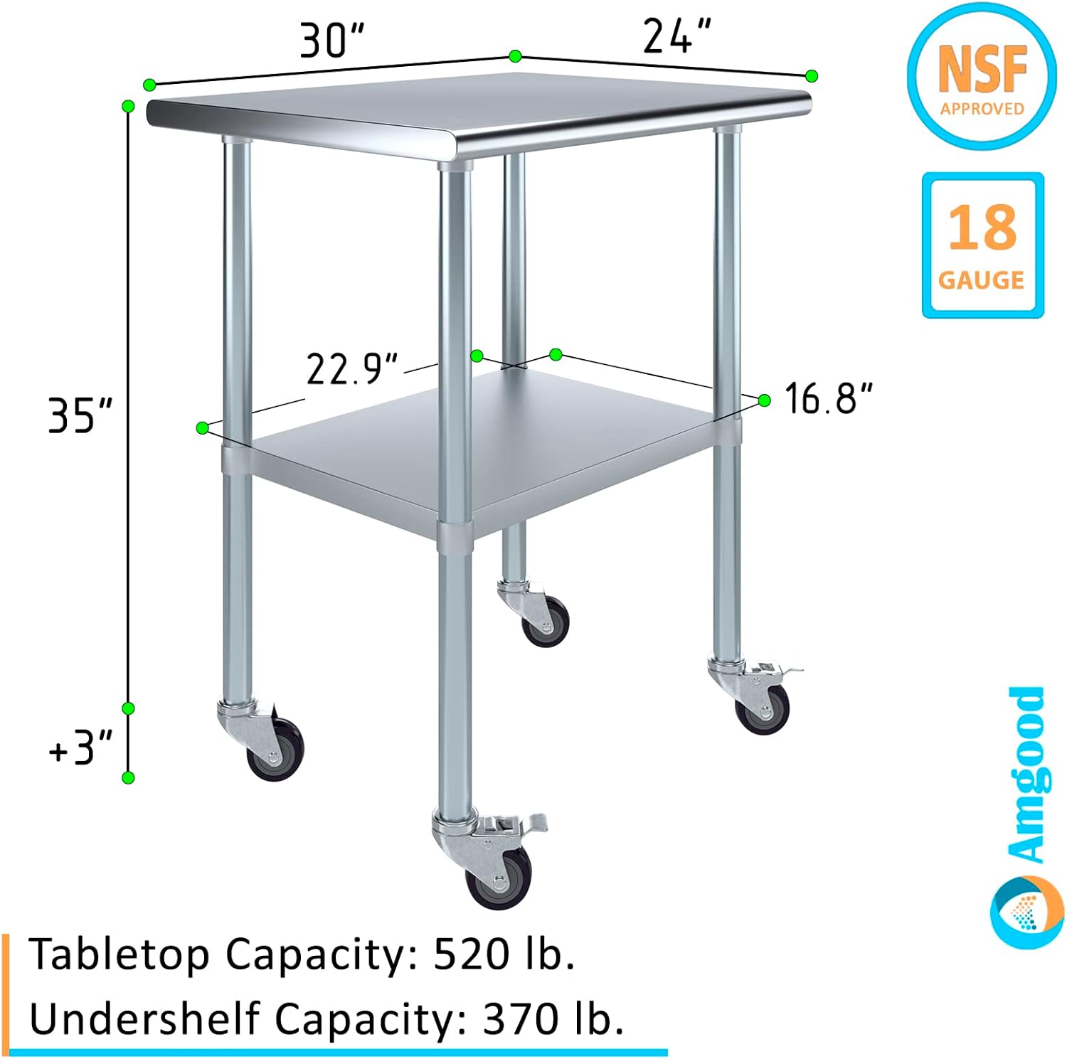 AmGood Mesa de trabajo de acero inoxidable de 24 x 30 pulgadas con ruedas, mesa de metal resistente sobre ruedas, carrito de isla de cocina