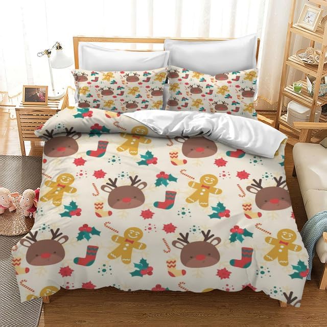 Bidesign Juego de funda de edredón tamaño matrimonial con temática navideña (diseño de cerezaárbol de Navidadcampana) para vacaciones (1 funda de
