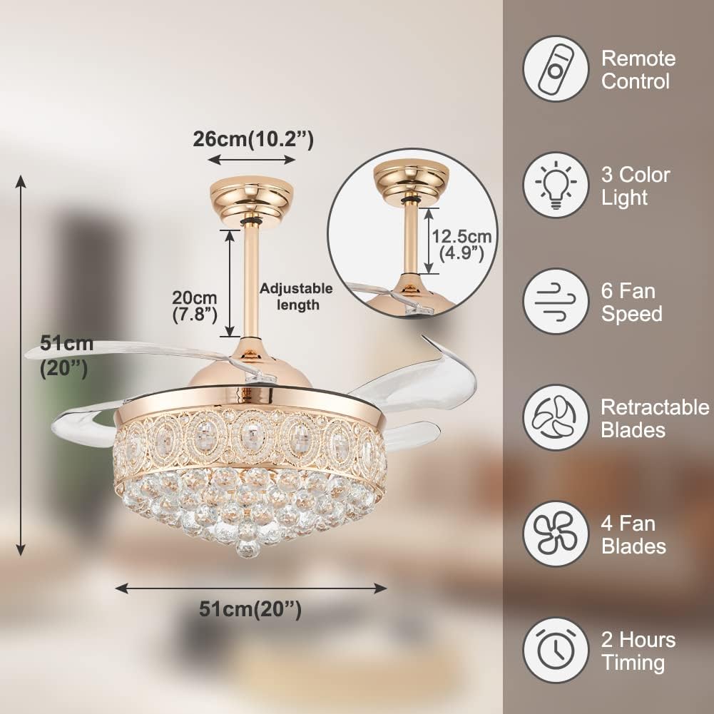 Ventiladores de techo de cristal de 42 pulgadas con luces, moderno ventilador de techo LED regulable con control remoto de hoja retráctil, 6