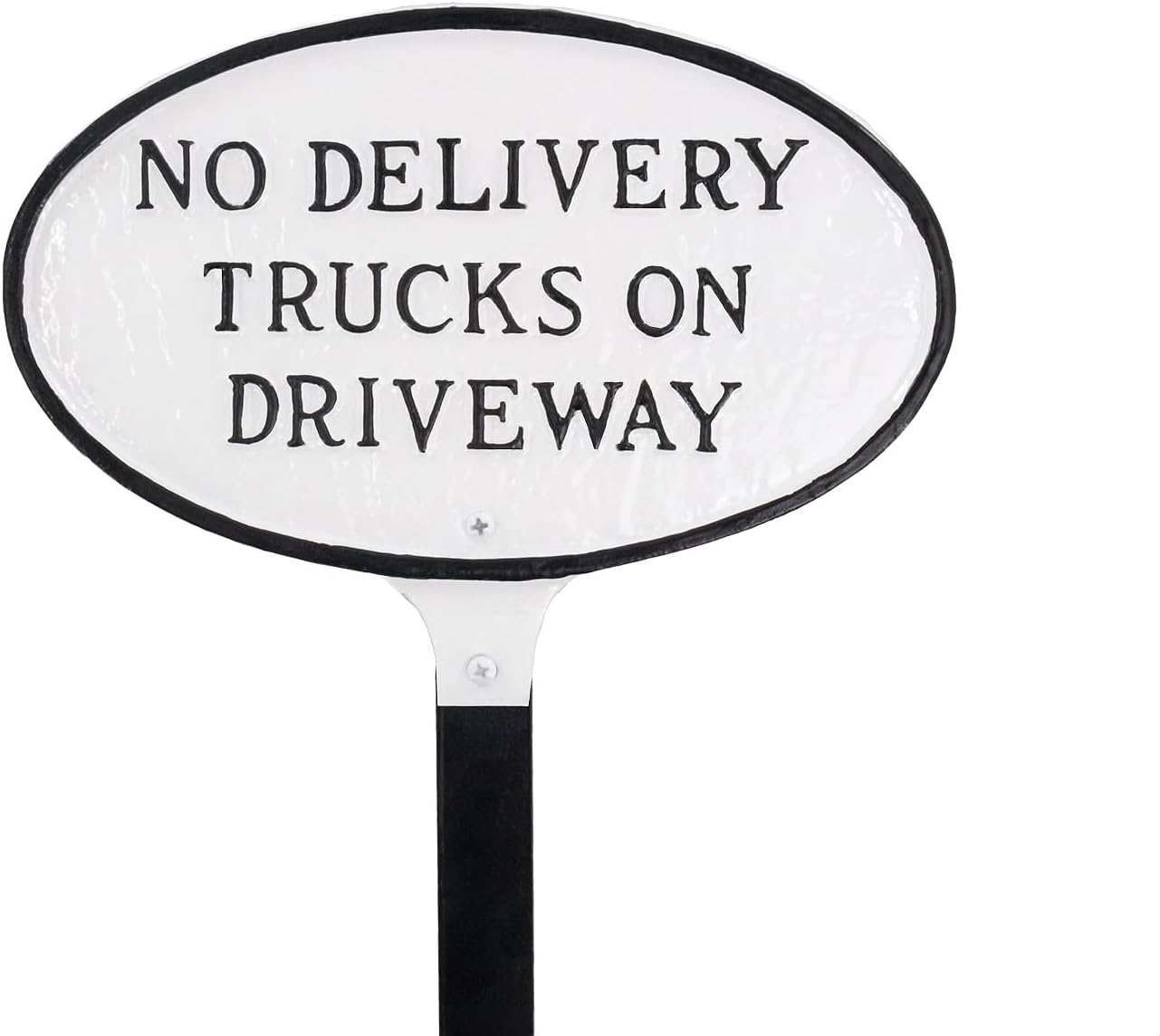 Placa ovalada con texto en inglés “No Delivery Trucks on Driveway” – Placa de visualización de pared o césped – Señal de advertencia comercial –