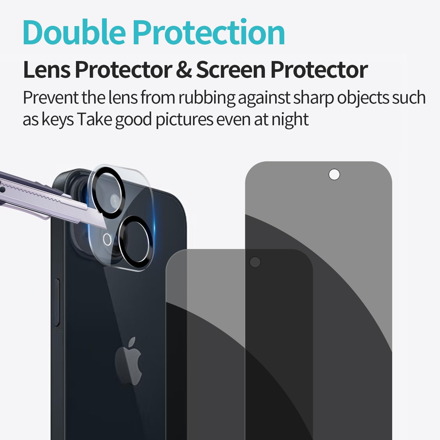 Pehael Paquete de 2+2 Protector de pantalla de privacidad para iPhone 15 Plus con protector de lente de cámara, cobertura completa, película de
