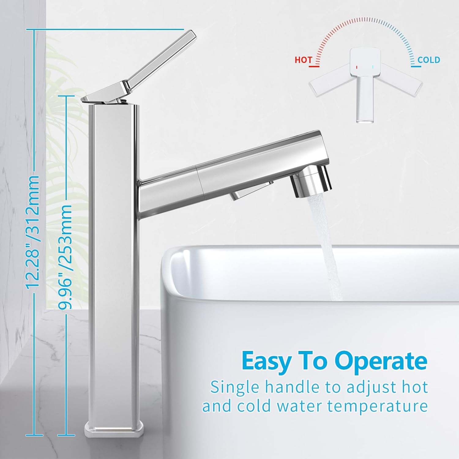 MIAOHUI Grifo de fregadero de recipiente con rociador extraíble, grifo alto de fregadero de baño de 3 modos de pulverización, grifos de baño altos