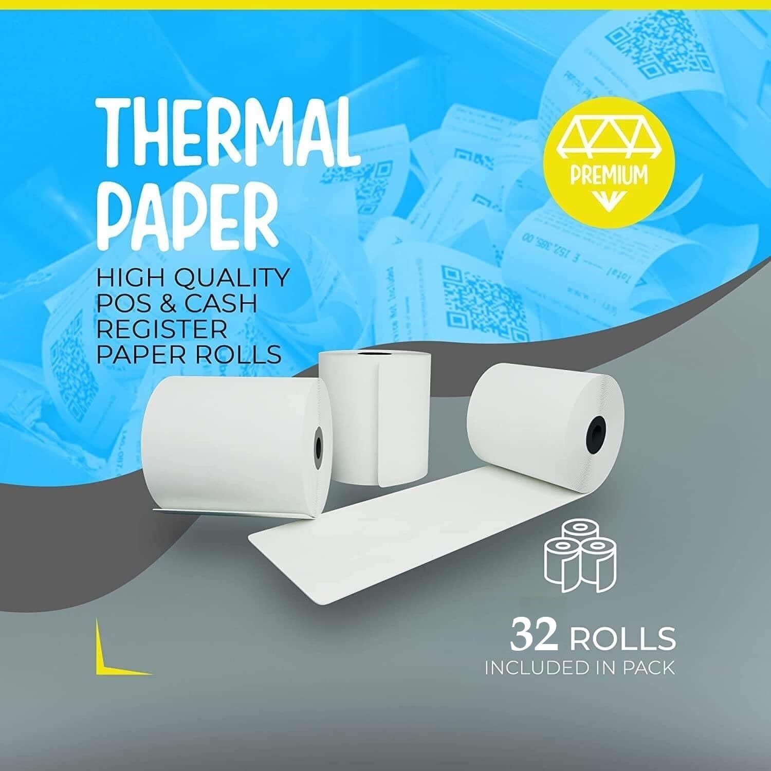FHS – Rollo de papel Bond de 3 pulgadas x 150 pies, papel de bono, papel de impresora de cocina, rollo de papel de caja registradora POS, 32 rollos