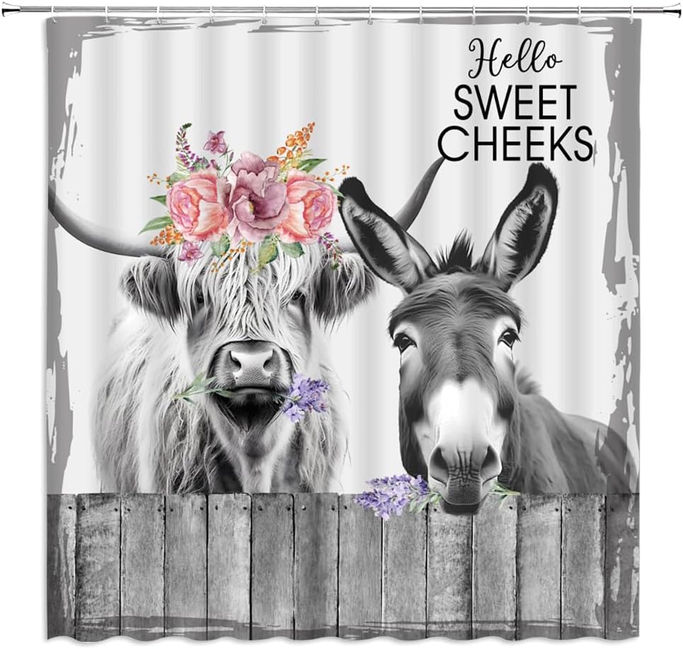 Cortina de ducha de animales de granja, divertido burro de vaca de las tierras altas con valla de flores, citas divertidas, tela de poliéster, juego