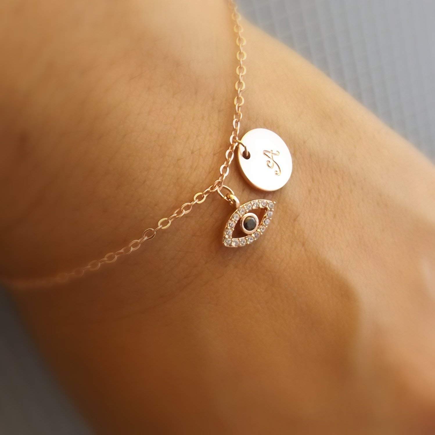 Evil Eye Bracelet with InitialSilver Plated Rose Gold Plated or 16k Gold PlatedGreek Evil Eye Cubic Zirconia Bracelet