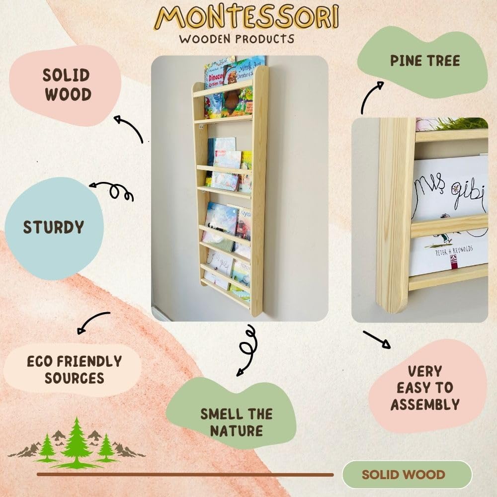 Estantería Montessori hecha a mano para niños montada en la pared, exhibición de libros de 4 niveles para dormitorio infantil, estantería de muebles