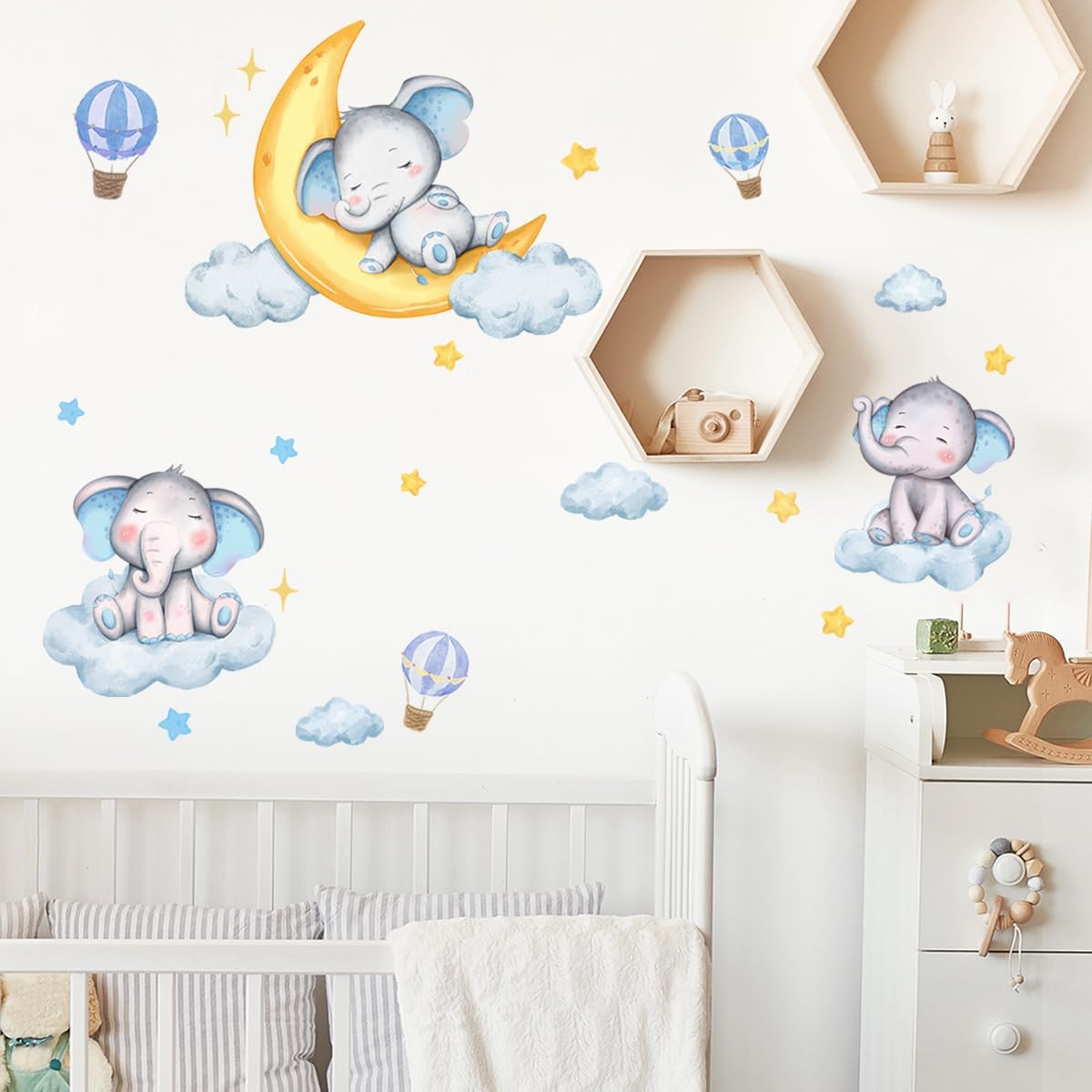 Decoración de pared de elefante de ensueño azul, luna dorada, globo aerostático, estrellas, calcomanías de pared para habitación de bebé, habitación