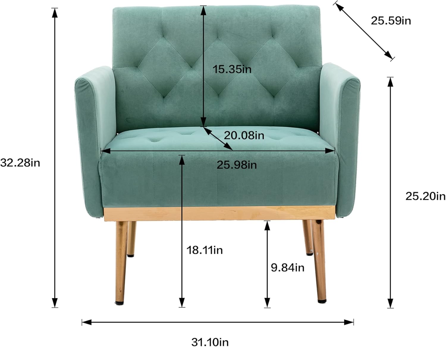 SZLIZCCC Silla decorativa cuadrada de terciopelo, silla de sofá individual con patas de metal dorado, silla de sala de estar, silla de dormitorio,