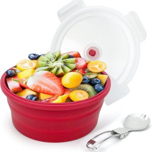 Tazón grande de 40.6fl oz con cuchara plegable, cuenco plegable con tapa, contenedor de silicona para viajes, camping, preparación de comidas y Tazón grande de 40.6fl oz con cuchara plegable, cuenco plegable con tapa, contenedor de silicona para viajes, camping, preparación de comidas y