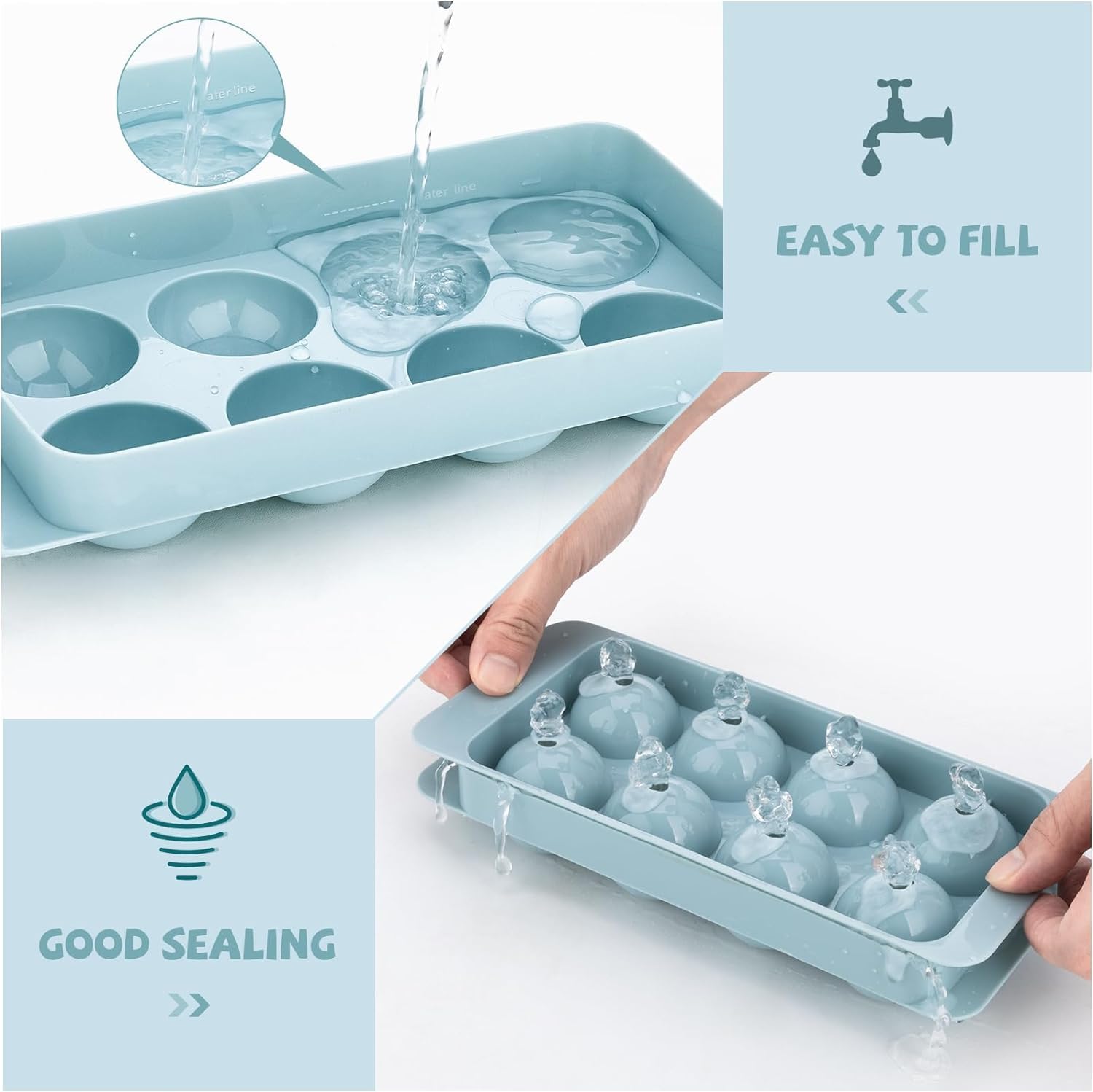 Molde redondo para cubitos de hielo, 2 x 8 unidades x 1.8 pulgadas, bandeja circular para cubitos de hielo con tapa y contenedor, molde para hacer
