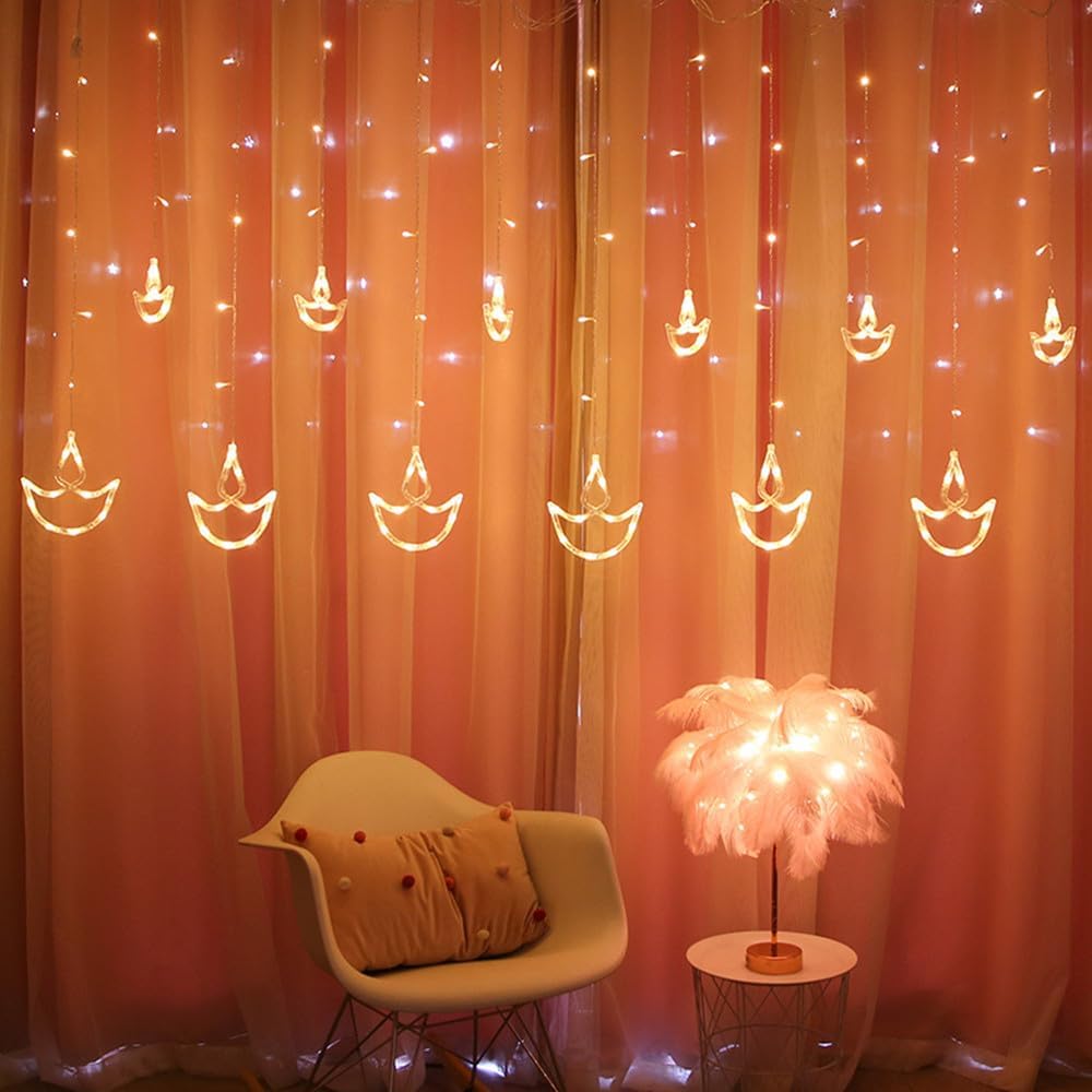 KEPATO Diwali – Tira de luces de 12 luces Diya, 138 luces LED, funciona con pilas, guirnalda de luces indias Diwali para decoración del hogar, pared