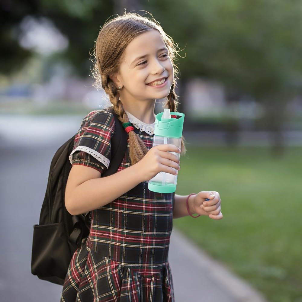 wedrink Botella de agua para niños con pajilla, sin BPA, Tritan a prueba de fugas, botella de agua deportiva para la escuela (12 onzas, verde)