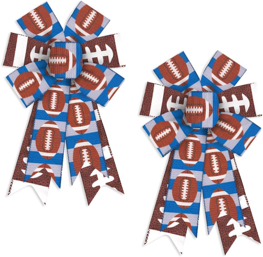 2 lazos para corona de fútbol americano, lazos de fútbol para corona, tiras azules y grises, lazos de arpillera de fútbol americano, lazos de tela