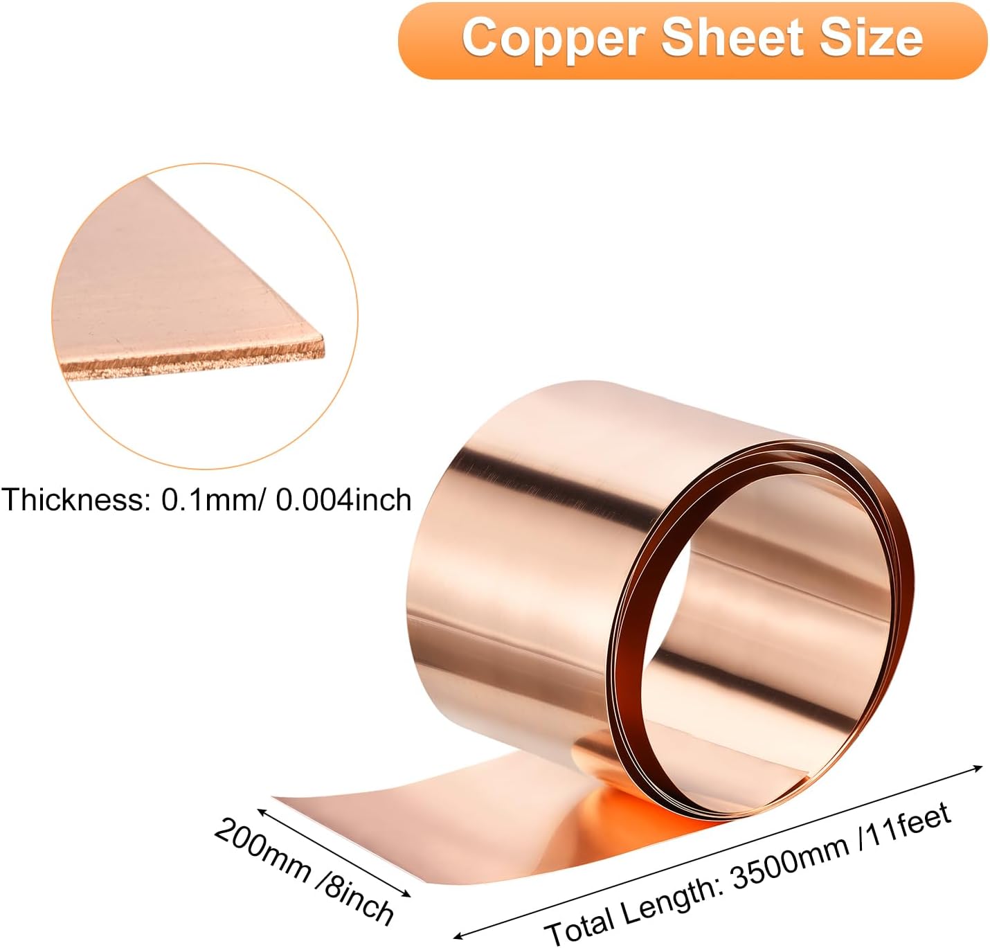uxcell Rollo de lámina de cobre de 137.795 in x 7.874 in x 0.004 in, 99.9% de tira de cobre puro, placa de lámina de metal intermitente de cobre