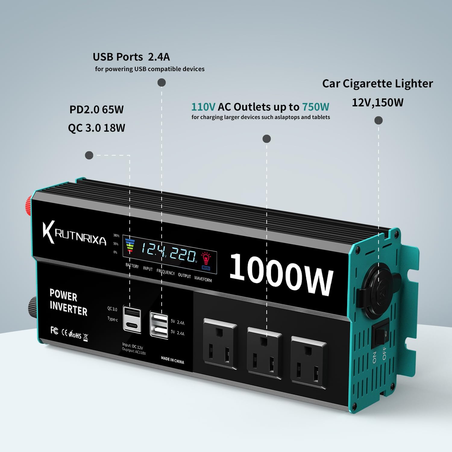 Inversores de corriente de 1000 W, 12 V CC a 110 V CA, convertidor para vehículos USB-CPD de 25 W, puertos de carga rápida, adaptador de cargador de
