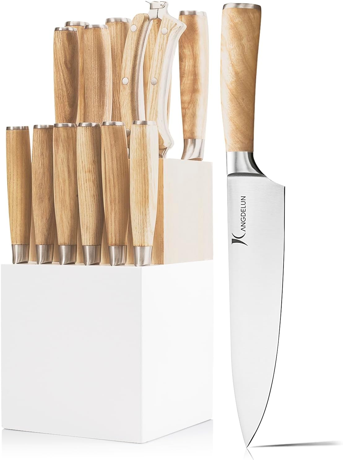Kangdelun Natura Series – Juego de 14 bloques de cuchillos, acero inoxidable de alto carbono ultra afilado con mango de madera