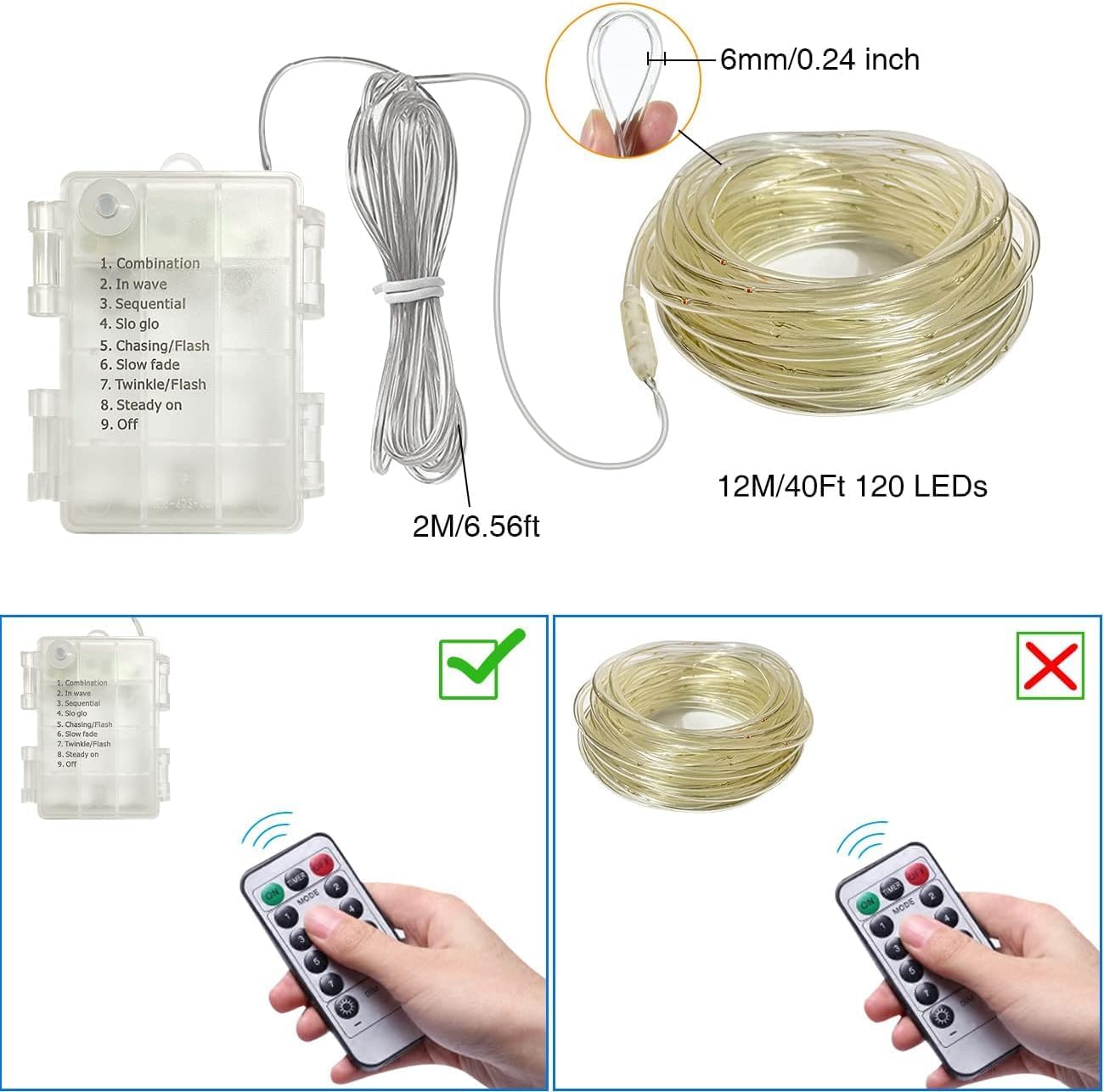 Cuerda de luces LED, paquete de 2 luces de Navidad multicolor para exteriores con control remoto, 40 pies, 120 LED, 8 modos, tira impermeable,