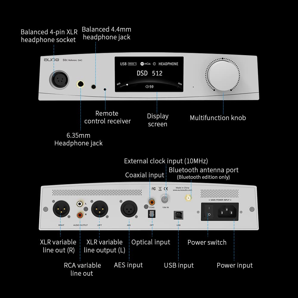 aune S9c Pro DAC con amplificador de auriculares, entrada de reloj de 10 MHz, 32 bits768 kHzDSD512MQA, chip de doble DAC, conector 6.35XLR4.4,