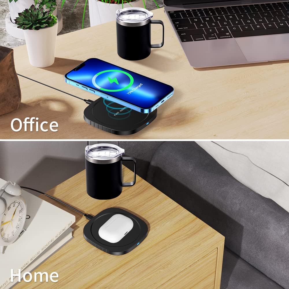 Juego de calentador de taza de café con cargador inalámbrico de 15 W, taza de café autocalentable para escritorio, taza térmica que mantiene el café