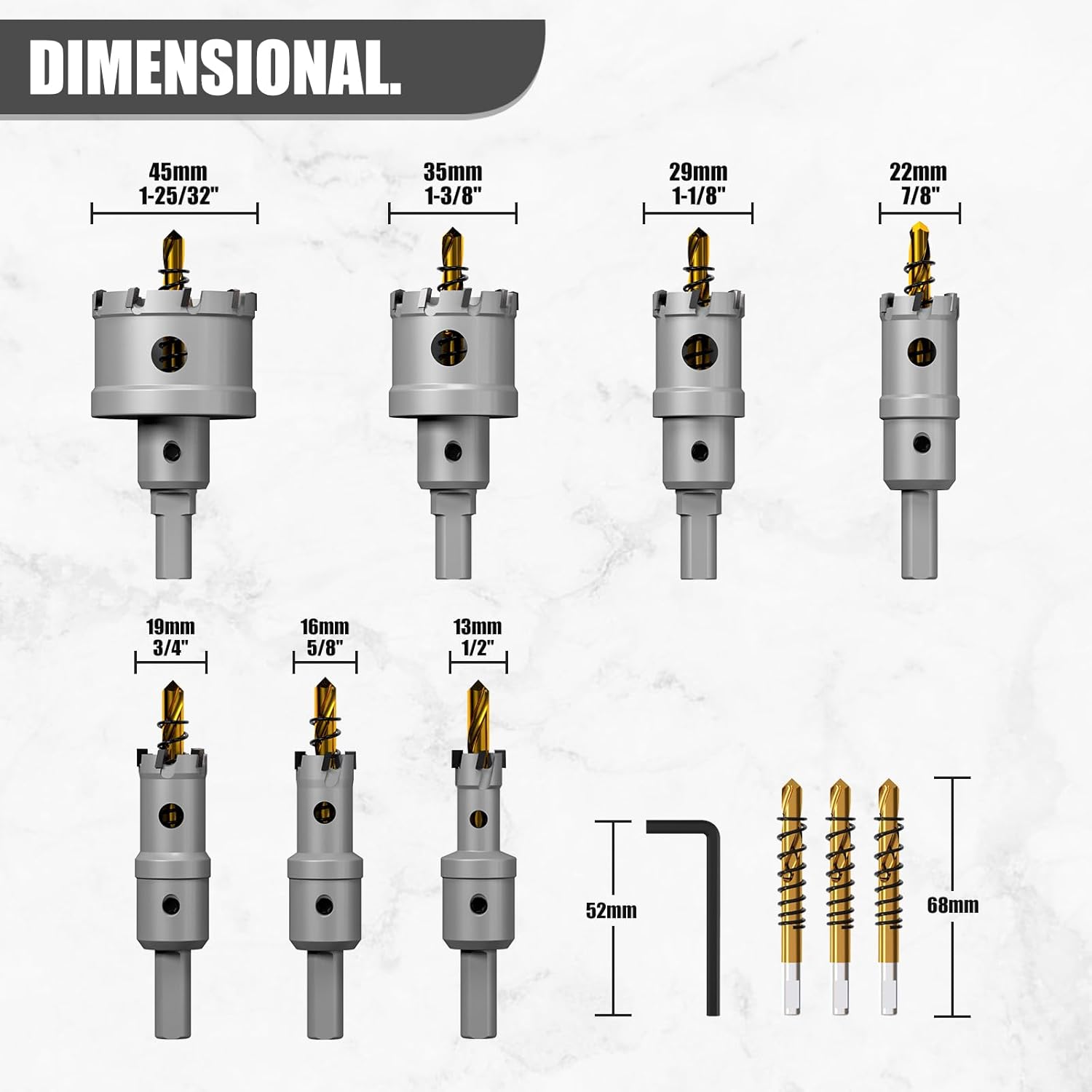 Juego de 11 brocas de sierra con punta de carburo de tungsteno de primera calidad (12 a 1-2532 pulgadas) con 2 brocas piloto chapadas en titanio,