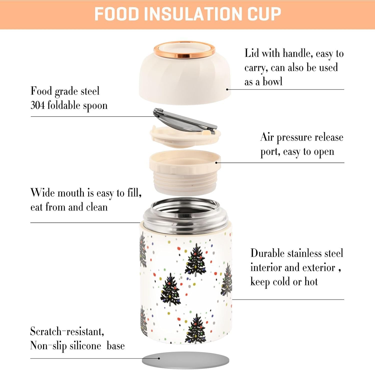 Christmas Fir Trees Kids Womens Lunch Insulated Jar with Spoon 17oz500ml Warm Lunch Container Stainless Steel Vacuum Food Warmer Food Container for